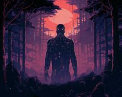 an illustration of a man standing in the middle of a forest generative ai photo