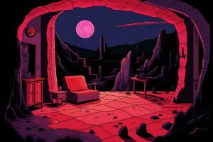 an illustration of a room with a red moon generative ai photo