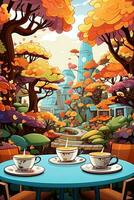 an illustration of a table with two cups of tea on it generative ai photo