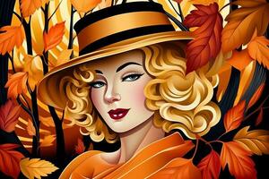 un ilustración de un mujer en un sombrero con otoño hojas generativo ai foto