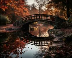 an image of a bridge over a pond in autumn generative ai photo