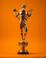 un imagen de un bronce trofeo en un naranja antecedentes generativo ai foto