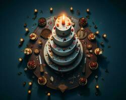 un imagen de un pastel con un iluminado vela en parte superior generativo ai foto