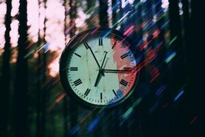 an image of a clock in the middle of a forest generative ai photo