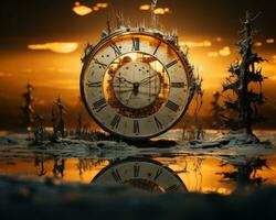 an image of a clock sitting in the middle of a frozen lake generative ai photo