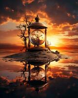 an image of a clock on an island at sunset generative ai photo