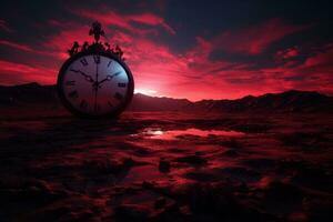 an image of a clock sitting in the middle of a desert generative ai photo