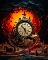 an image of a clock sitting on top of a volcano generative ai photo