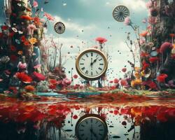 an image of a clock surrounded by flowers generative ai photo