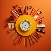 an image of a clock surrounded by various objects on an orange background generative ai photo