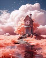 an image of a clock tower surrounded by pink clouds generative ai photo