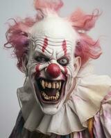 an image of a creepy clown with red hair and teeth generative ai photo