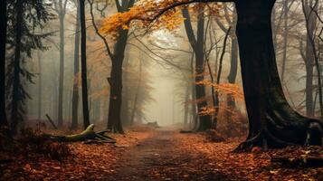 an image of a foggy path in an autumn forest generative ai photo