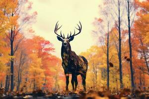 un imagen de un ciervo en pie en el medio de un otoño bosque generativo ai foto