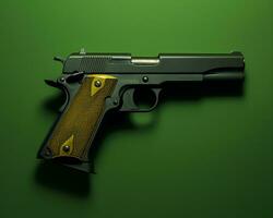 un imagen de un pistola en un verde antecedentes generativo ai foto