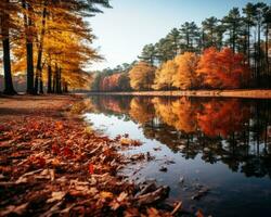 an image of a lake surrounded by trees in the fall generative ai photo