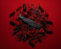 an image of a gun and bullets on a red background generative ai photo