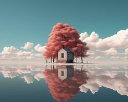 an image of a house floating in the middle of a lake generative ai photo