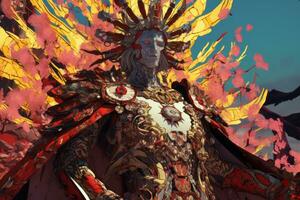 an image of a man in a red and gold costume standing in front of a tree generative ai photo