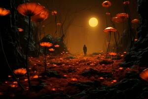 an image of a man walking through a dark forest with orange flowers generative ai photo