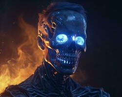 an image of a man with glowing eyes in front of a fire generative ai photo
