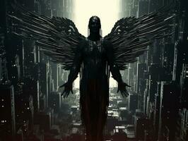 an image of a man with wings standing in the middle of a city generative ai photo