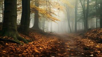 an image of a path through a foggy forest generative ai photo