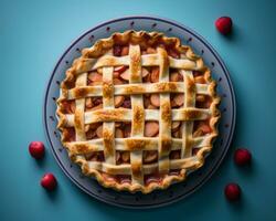 an image of a pie with lattice on a blue background generative ai photo