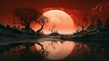 an image of a red moon with trees in the background generative ai photo