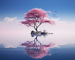an image of a pink tree in the middle of the water generative ai photo
