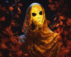 an image of a skeleton wearing a hooded cloak generative ai photo