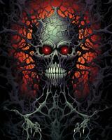 an image of a skull with red eyes on a dark background generative ai photo