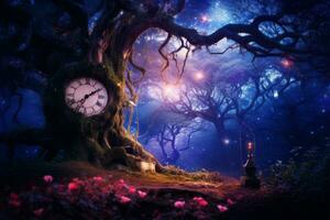 an image of a tree with a clock on it generative ai photo