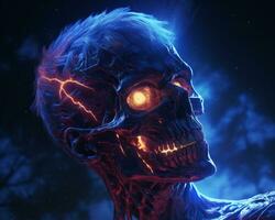 un imagen de un zombi con brillante ojos generativo ai foto