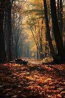 an image of an autumn forest with leaves on the ground generative ai photo
