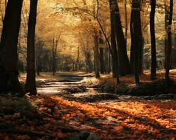 an image of an autumn forest with leaves on the ground generative ai photo