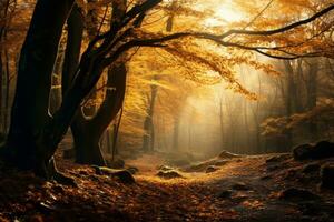 an image of an autumn forest with sun shining through the trees generative ai photo