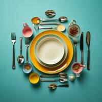 an image of an empty plate and utensils on a blue background generative ai photo