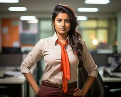 an indian woman in an office with her hands on her hips generative ai photo