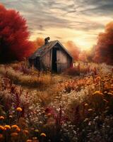 an old cabin in the middle of an autumn field generative ai photo