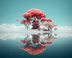 un infrarrojo imagen de un casa y arboles en un lago generativo ai foto