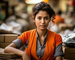 an indian woman in an orange shirt sitting on a pile of boxes generative ai photo