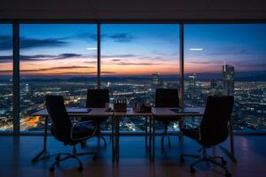 un oficina con un ver de el ciudad a noche generativo ai foto