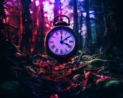 an old clock sitting in the middle of a forest generative ai photo