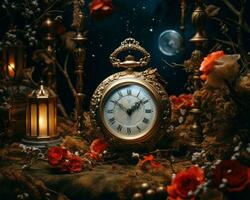 an old clock sits on a table surrounded by flowers and candles generative ai photo