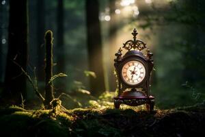 un antiguo reloj sentado en el medio de un bosque generativo ai foto