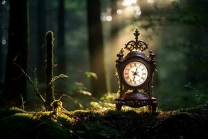 an old clock sitting in the middle of a forest generative ai photo