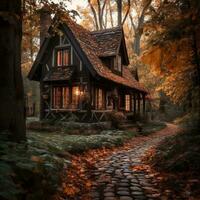 an old house in the woods with autumn leaves on the ground generative ai photo