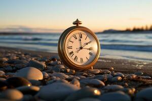 an old clock sitting on the beach with the sun setting in the background generative ai photo