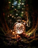 un antiguo bolsillo reloj en el bosque con hada luces generativo ai foto